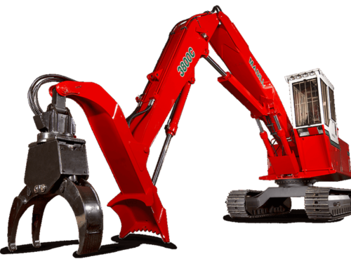 A bright red hydraulic excavator with metal tracks and a large claw attachment, designed for heavy lifting and grabbing tasks, positioned on a white background.